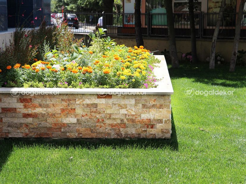 BAHÇE ÇİÇEKLİK DUVARI KAPLAMA - 5X15 TRAVERTEN PATLATMA DOĞAL TAŞ 