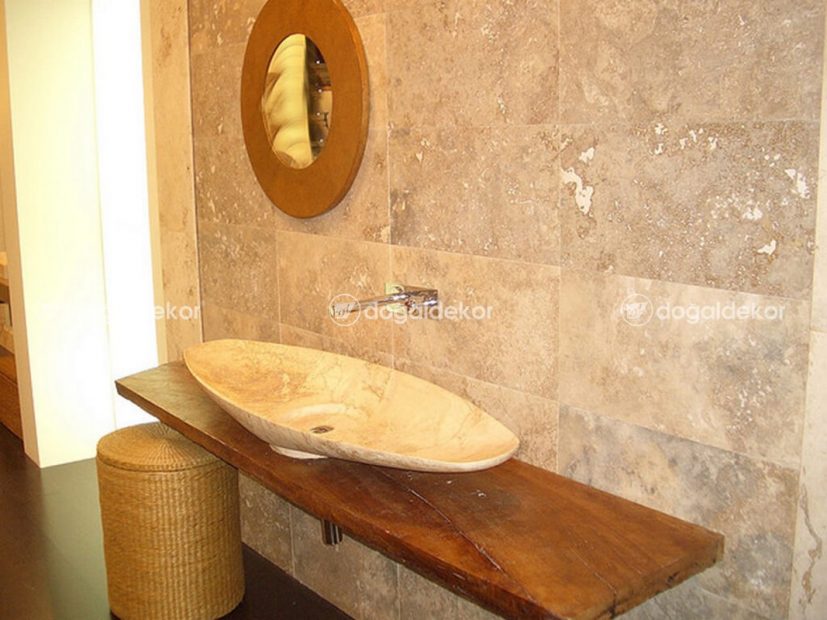 AHŞAP VE DOĞAL TAŞ LAVABO UYUMU