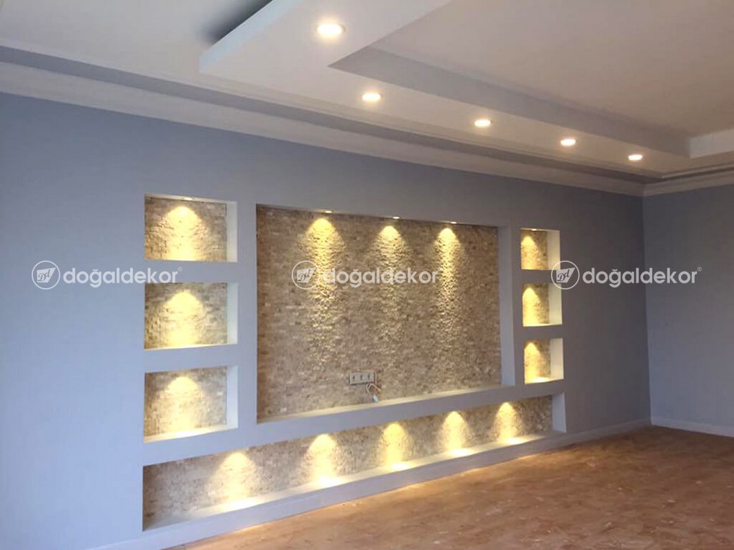 ALÇIPAN DOĞAL TAŞ TV ÜNİTESİ KAPLAMA- 23x48 PATLATMA TRAVERTEN
