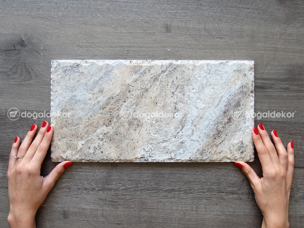 Traverten Taş Döşeme Gümüş Silver Patinato Kenar Kırma 1x20x40cm