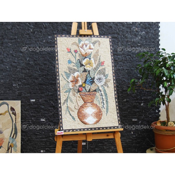 Taş Mozaik Tablo Modelleri - Saksıda Çiçekler DT1595