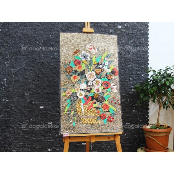 Duvar Dekorasyonu Taş Mozaik Tablo - Rengarenk Çiçekler DT1604