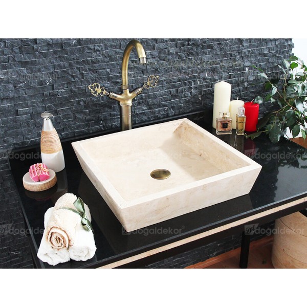 10x45x45cm Tezgah Üstü Kare Mermer Traverten Lavabo - DT1493
