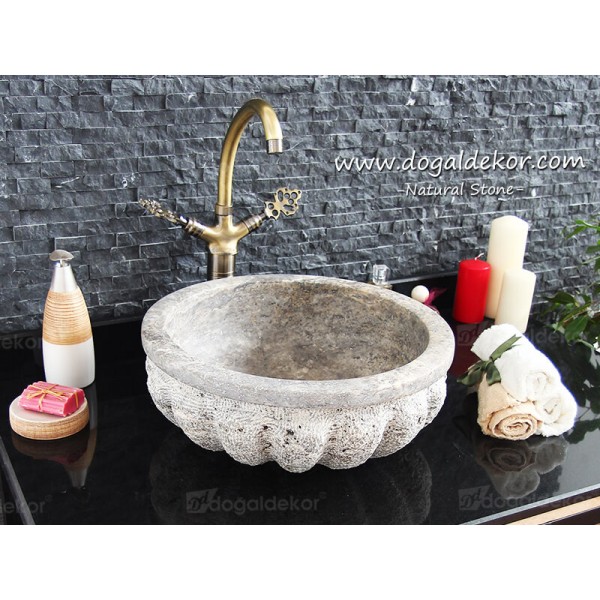 15x45cm Rustik İşlemeli Traverten Taş Lavabo -DT1525