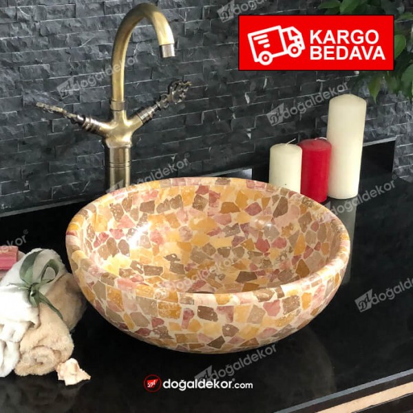 15x42cm Renkli Doğal Taş Traverten Çanak Lavabo-DT1566
